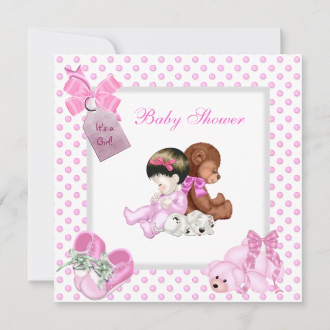 Invitation Cute Baby shower fille bébé rose Chaussures Blanch (Devant)