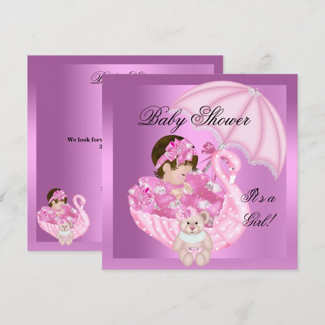 Invitation Cute Baby shower fille bébé rose cygne blanc (Devant / Derrière)