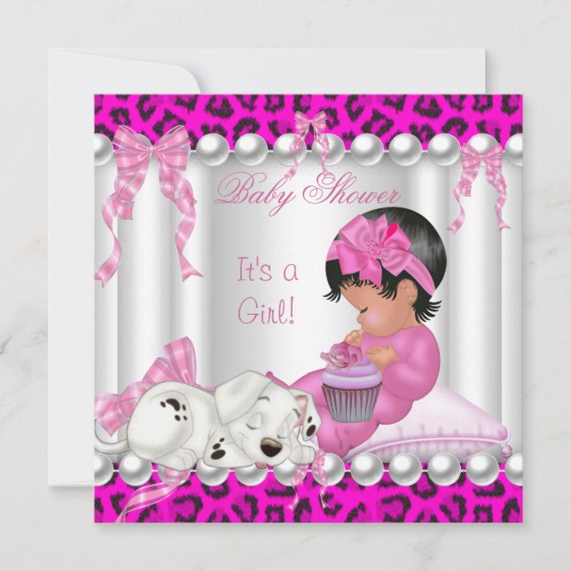 Invitation Cute Baby shower fille léopard rose cupcake (Devant)