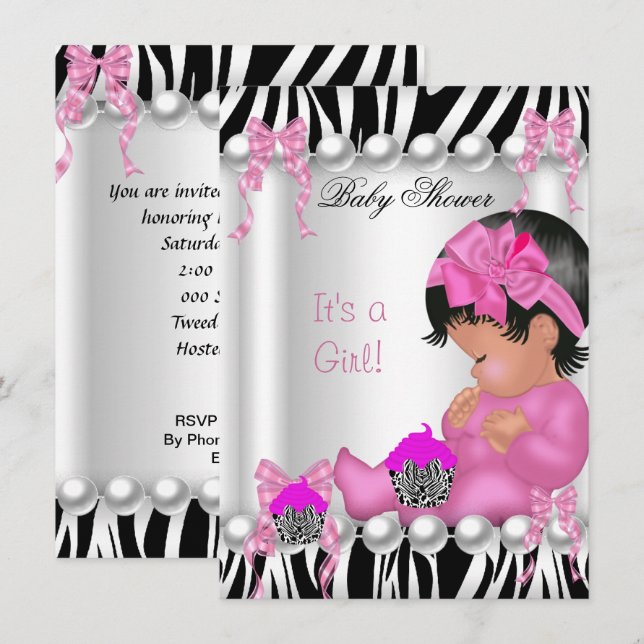 Invitation Cute Baby shower fille rose Zebra cupcake (Devant / Derrière)