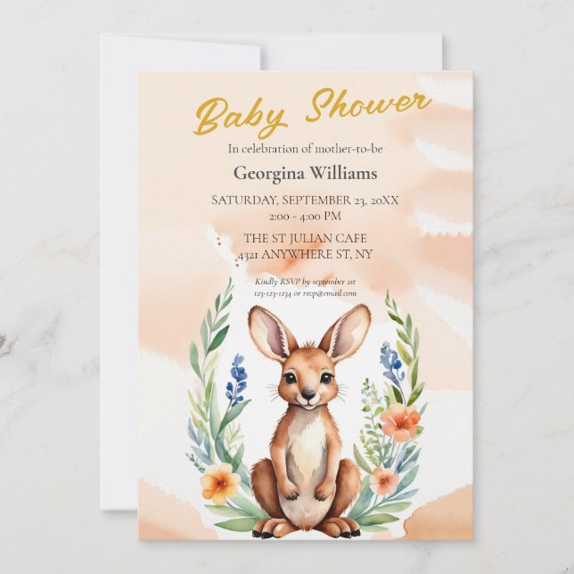 Invitation Cute Baby shower floral Kangaroo (Devant)