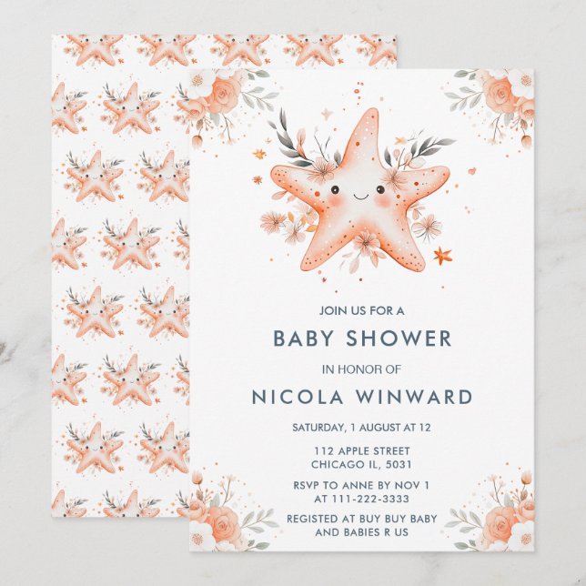 Invitation Cute Baby shower Floral Starfish (Devant / Derrière)