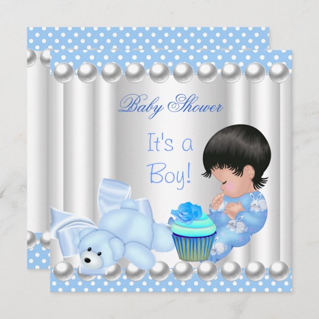 Invitation Cute Baby shower Garçon cupcake bleu Spots (Devant / Derrière)