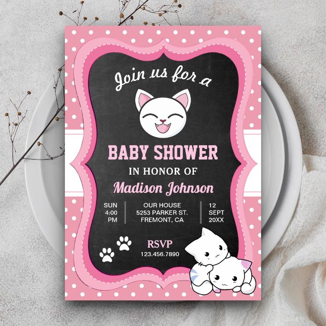 Invitation Cute Baby shower Kitten rose (Créateur téléchargé)