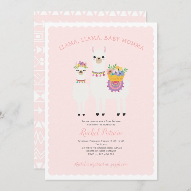 Invitation Cute, baby shower Llama (Devant / Derrière)