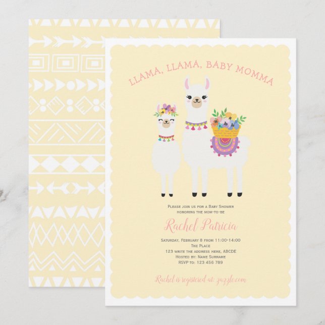 Invitation Cute, baby shower Llama (Devant / Derrière)