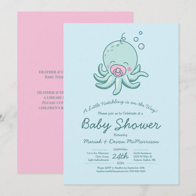 Invitation Cute Baby shower Octopus Kawaii fille rose (Devant / Derrière)