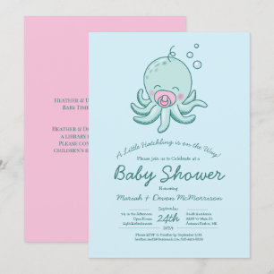 Invitation Cute Baby shower Octopus Kawaii fille rose