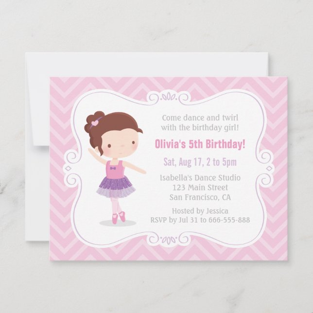 Invitation Cute Ballerina Girl rose Chevron fête d'anniversai (Devant)