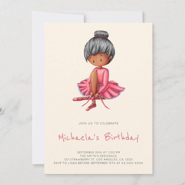 Invitation Cute Ballerina Pink Tutu Black Girl Birthday (Devant)
