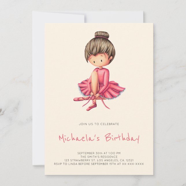 Invitation Cute Ballerina Pink Tutu Chaussons Fille Anniversa (Devant)