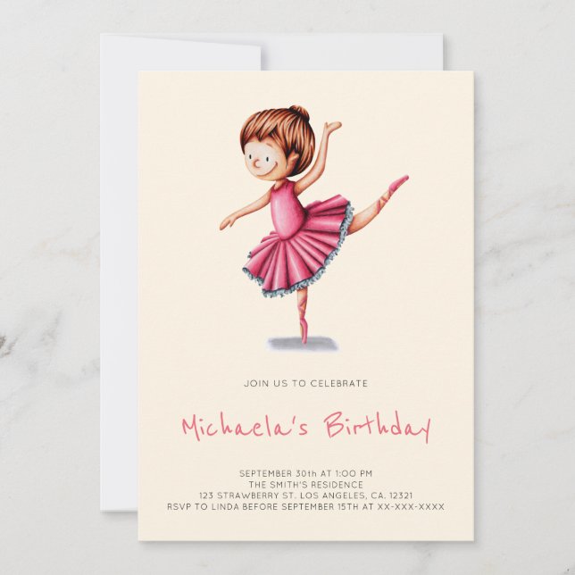 Invitation Cute Ballerina Pink Tutu Danse Fille Anniversaire (Devant)