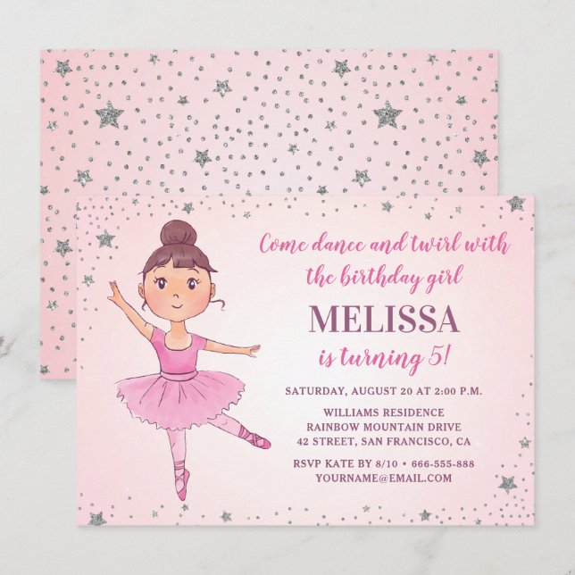 Invitation Cute Ballerina Rose Argent Étoiles Fille Anniversa (Devant / Derrière)