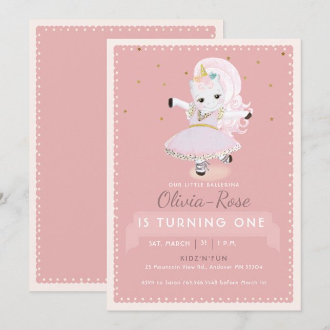 Invitation Cute Ballerina Unicorn Dusty Rose Girl Anniversair (Devant / Derrière)