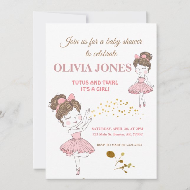 Invitation Cute ballerine tutus rose, parties scintillant bri (Devant)