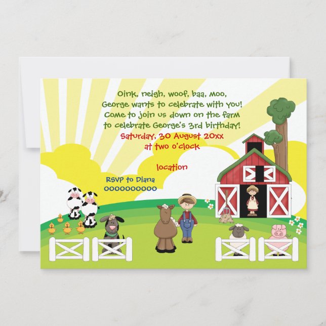Invitation Cute barnyard animal de ferme anniversaire de enfa (Devant)