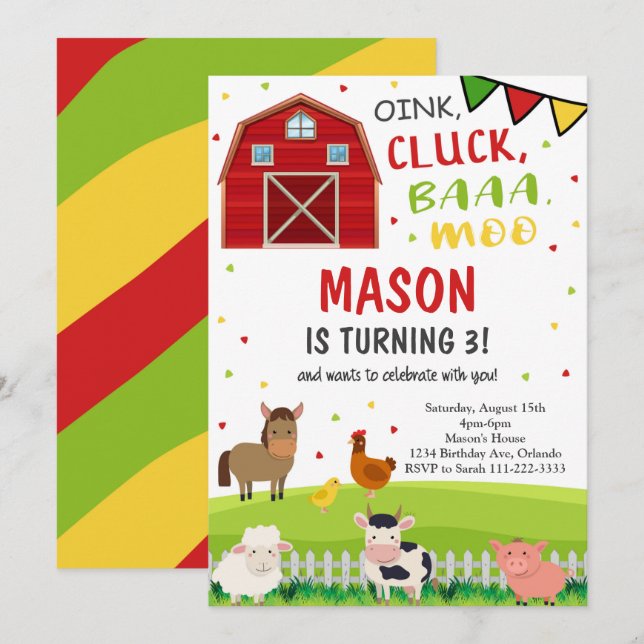 Invitation Cute Barnyard Animaux de ferme Anniversaire Invita (Devant / Derrière)