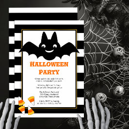 Invitation Cute Bat BW Stripes Candy Corn Halloween Party Inv