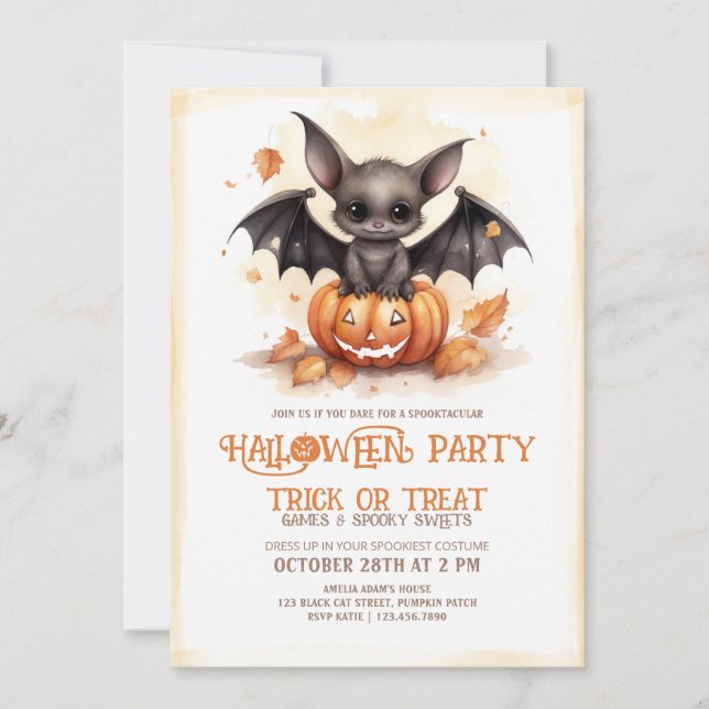 Invitation Cute Bat et fête Citrouille d'Halloween (Devant)