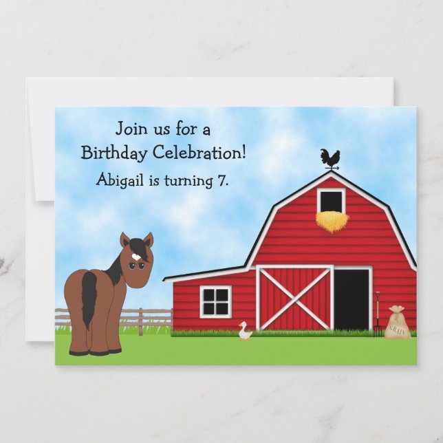 Invitation Cute Bay Horse et Red Barn Girls Anniversaire Part (Devant)