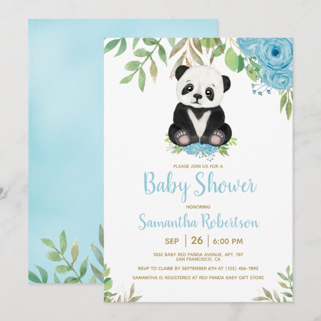 Invitation Cute Bear Aquarelle Baby shower Garçon bleu (Devant / Derrière)