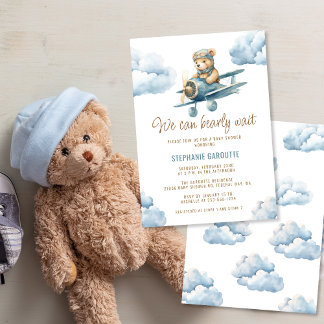 Invitation Cute Bear Avion Blue Boy Baby shower