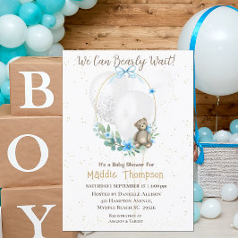 Invitation Cute Bear Blue Floral Wreath Boys Baby shower Inv