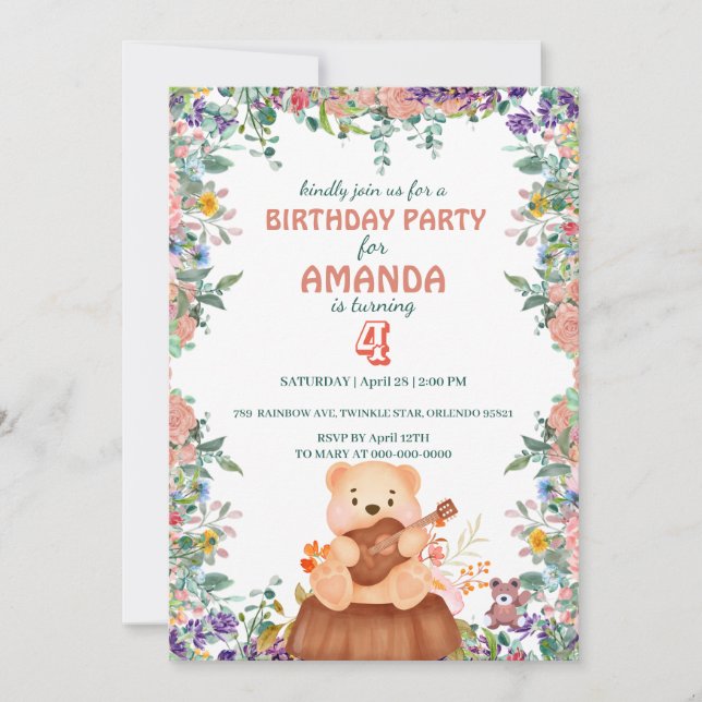 Invitation Cute Bear jouer de la guitare flora Anniversaire (Devant)
