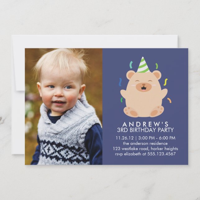 Invitation Cute Bear Photo personnalisée Fête d'anniversaire (Devant)
