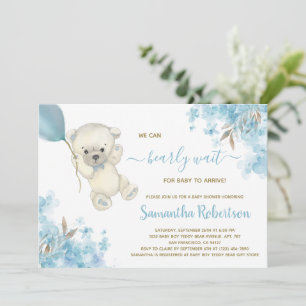 Invitation Cute Bear Teddy Blue Balloon Baby shower garçon  