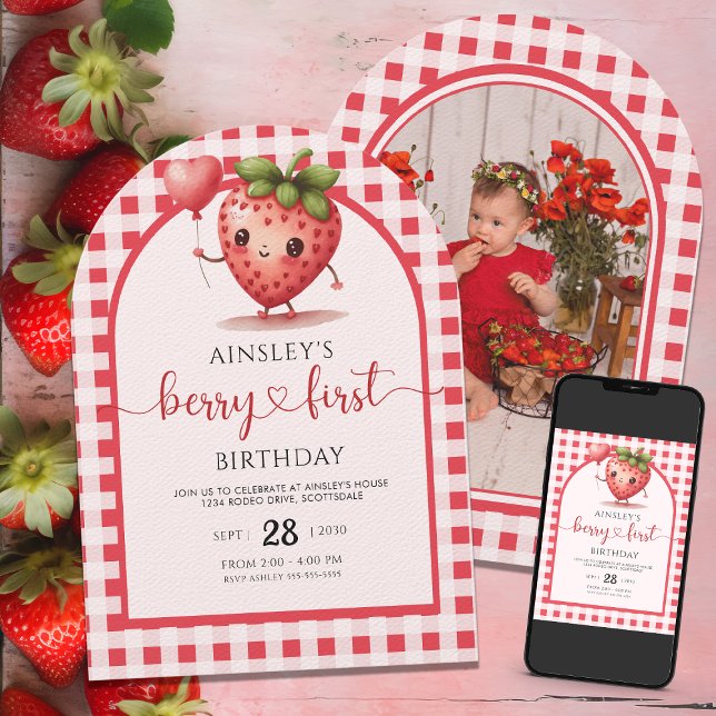 Invitation Cute Berry Premières Filles Personnalisées 1er ann (Créateur téléchargé)