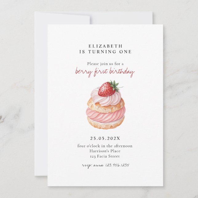 Invitation Cute Berry Sweet Pink First Birthday (Devant)