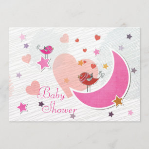 Invitation Cute Birds Moon et Stars Girl Baby shower