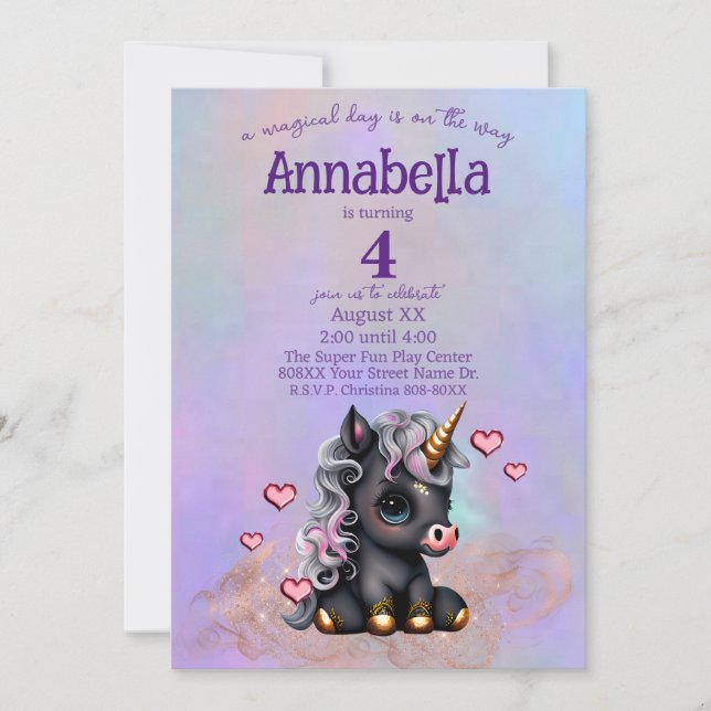 Invitation Cute Black Baby Unicorne et Coeurs (Devant)