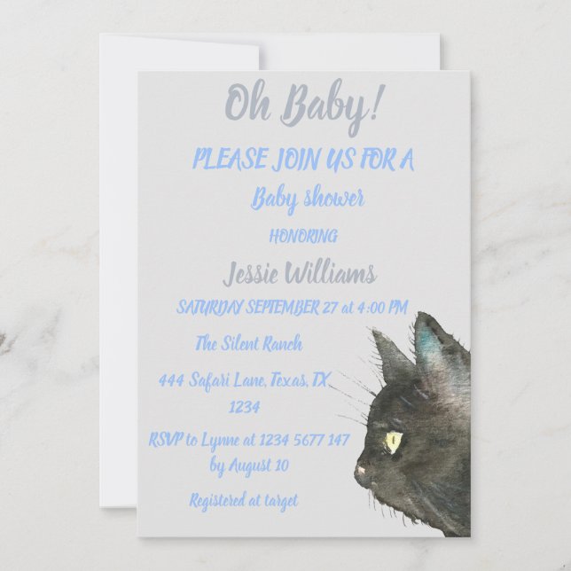 Invitation Cute Black Cat Kitty Kitten Blue Baby boy shower (Devant)