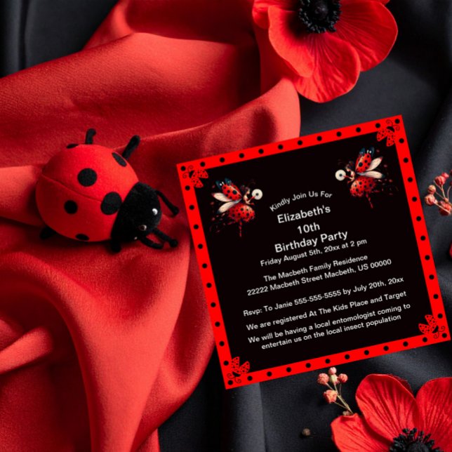 Invitation Cute Black/Red Ladybug Fairy Birthday Party (Créateur téléchargé)