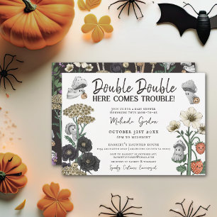 Invitation Cute Blanc Floral Twins Automne Halloween Baby sho