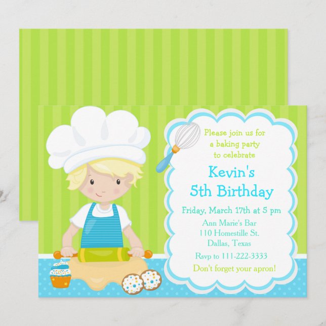 Invitation Cute Blonde Boy Baking Anniversaire (Devant / Derrière)
