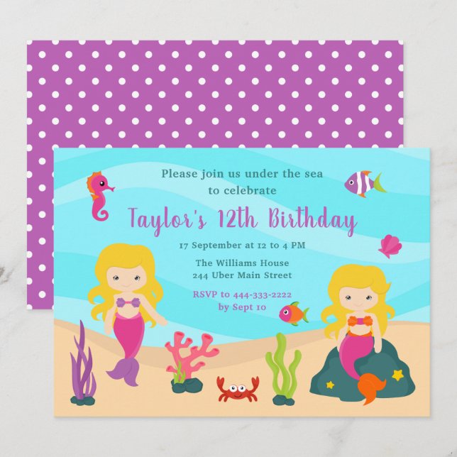 Invitation Cute Blonde Coiffure sirène Anniversaire (Devant / Derrière)