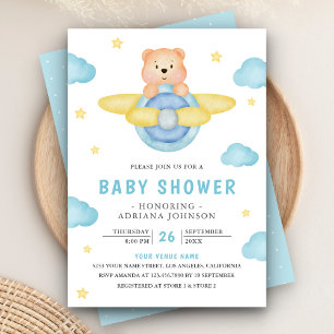 Invitation Cute Blue Avion Boy Teddy Bear Baby shower