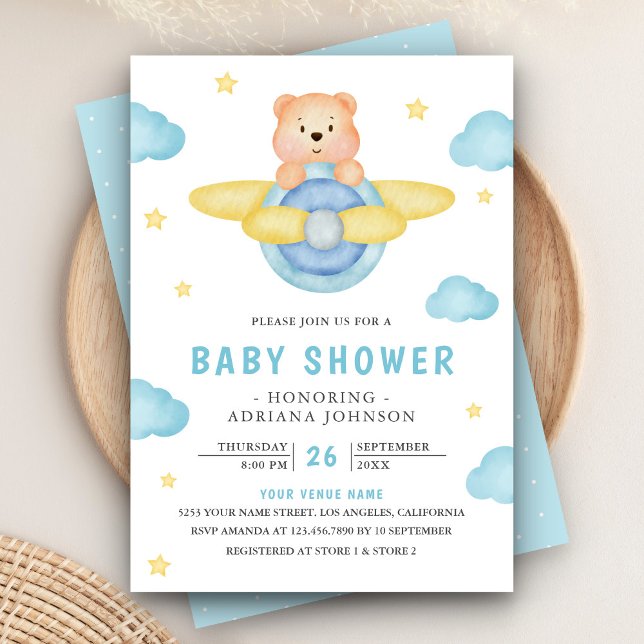 Invitation Cute Blue Avion Boy Teddy Bear Baby shower (Créateur téléchargé)