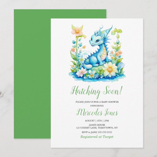 Invitation Cute Blue Baby Dragon “Hatching Soon” Baby Shower  (Devant / Derrière)