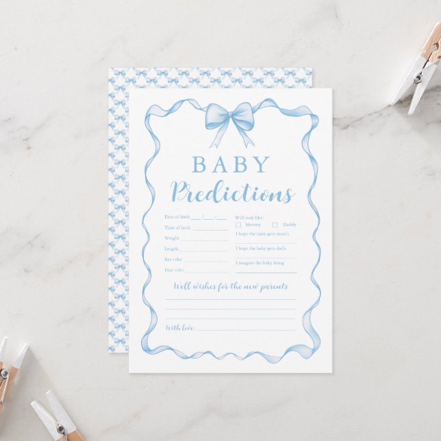 Invitation Cute Blue Bow Boy Baby shower Baby Prediction Jeu (Devant/Arrière en situation)