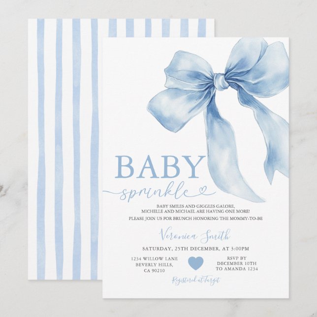 Invitation Cute Blue Bow Coquette Baby Sprinkle Baby Shower (Devant / Derrière)