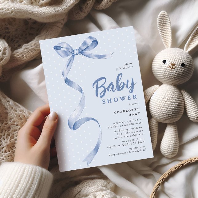 Invitation Cute Blue Bow Ribbon Boy Baby shower (Créateur téléchargé)