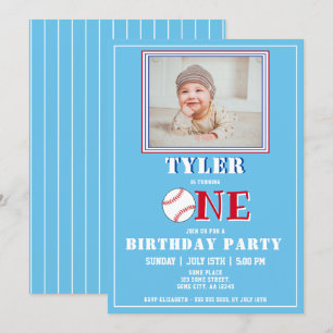 Invitation Cute Blue Boy Baseball Photo 1er anniversaire