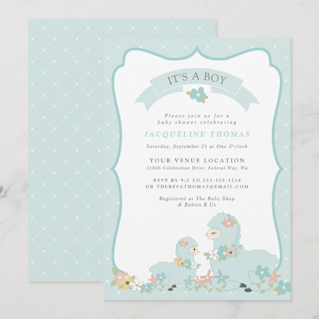 Invitation Cute Blue Boy Llama Baby shower (Devant / Derrière)