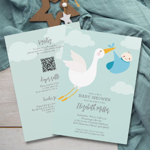 Invitation Cute Blue Bundle Baby shower Stork Tout en un