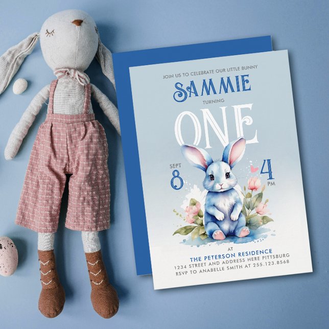 Invitation Cute Blue Bunny Floral Anniversaire Fête Aquarelle (Créateur téléchargé)