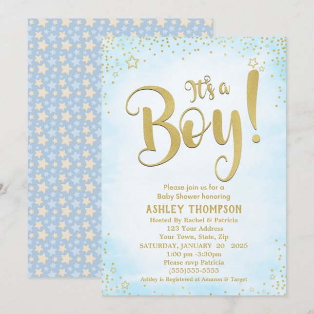 Invitation Cute Blue C'est un garçon Stars Baby shower Invita (Devant / Derrière)